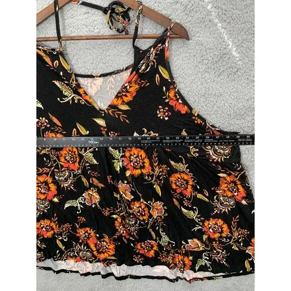 TORRID 5 Spaghetti Strap Black Orange Floral Tiered Tie-Neck Blouse Top Drapey - Picture 8 of 10